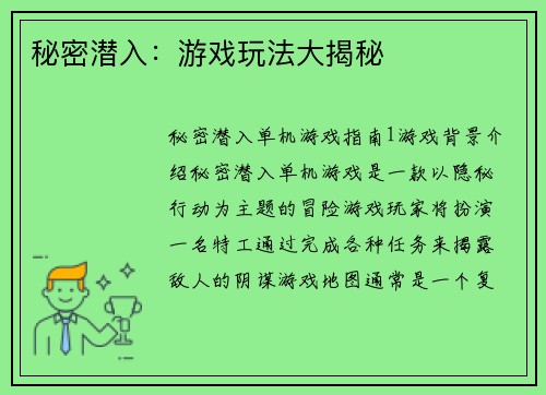 秘密潜入：游戏玩法大揭秘