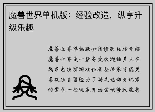 魔兽世界单机版：经验改造，纵享升级乐趣